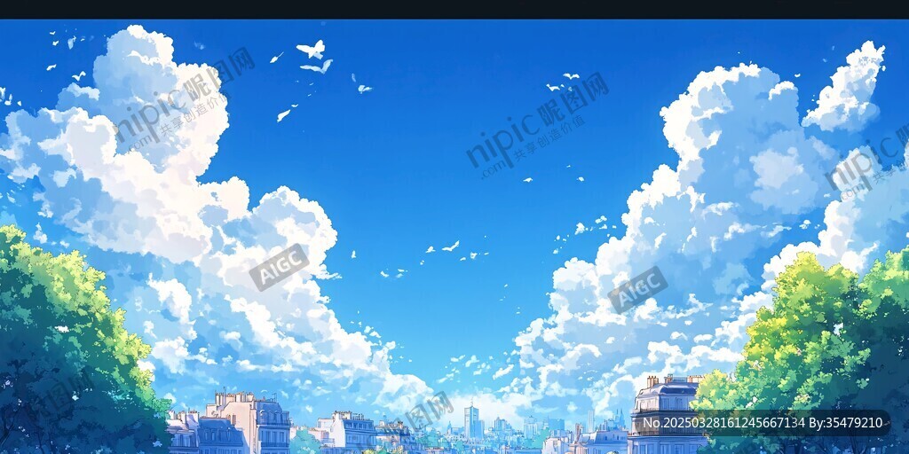 夏日晴空下的城市与绿树