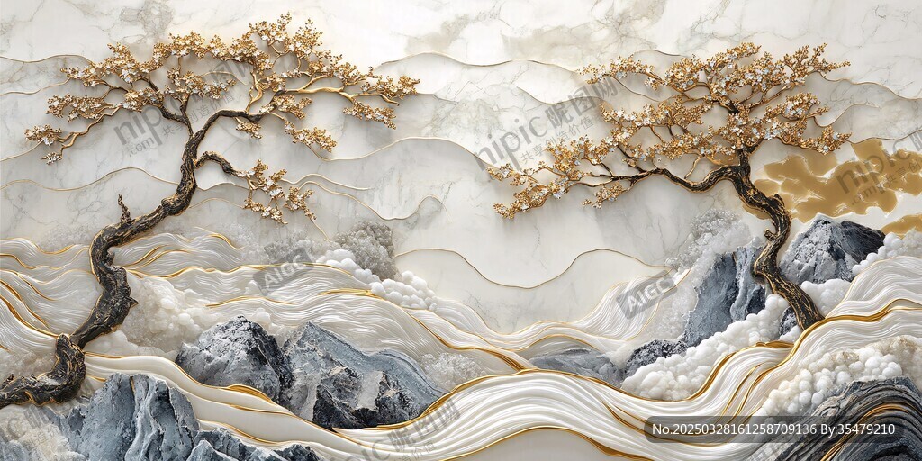 新中式立体山水劲松壁画