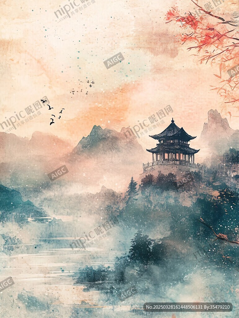 水墨山水间的古韵楼阁