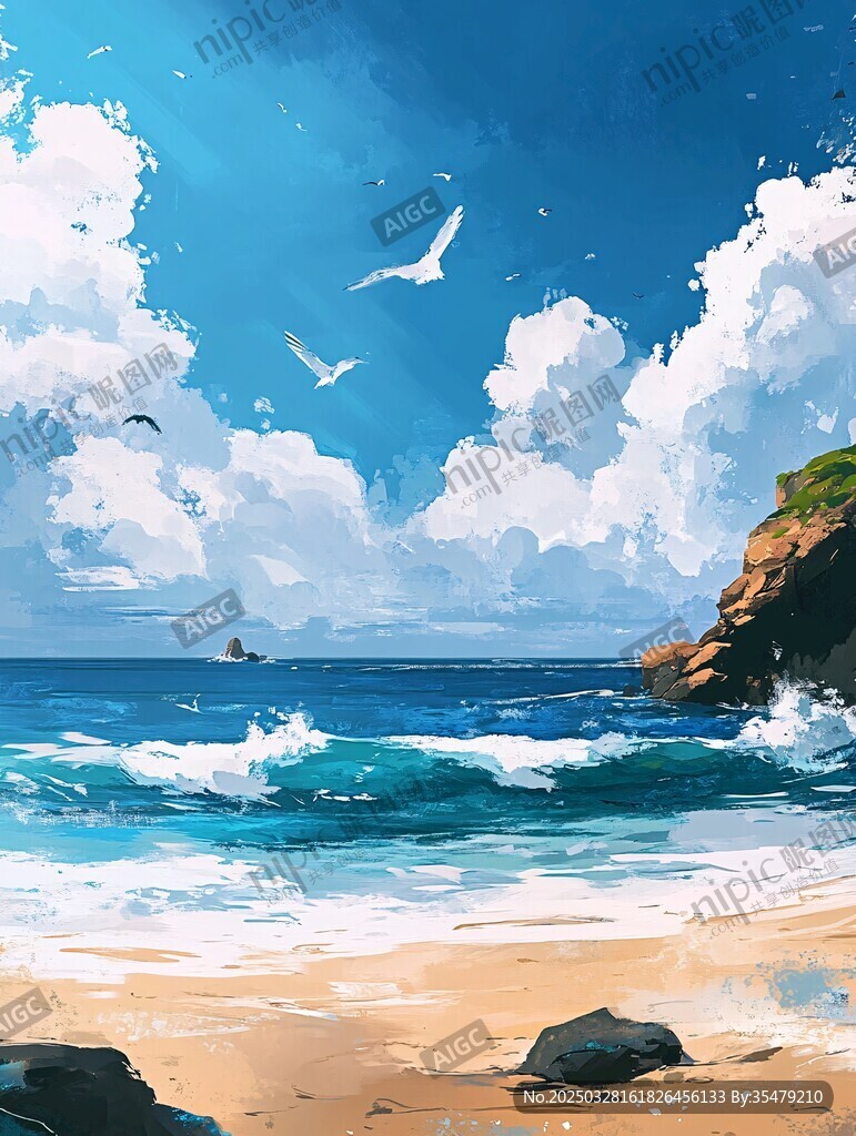 梦幻海滨风光 海鸥伴海浪