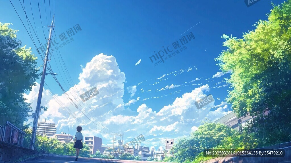 夏日街道上的少年与晴空
