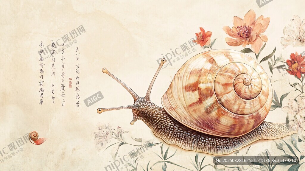 水墨风蜗牛花卉诗意画