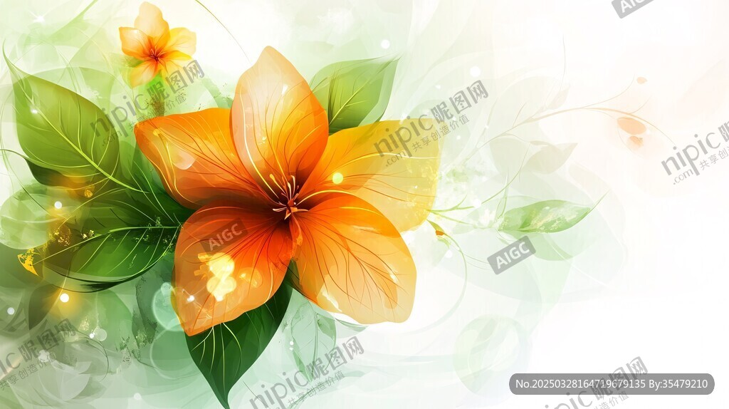 橙花绿叶梦幻清新背景图