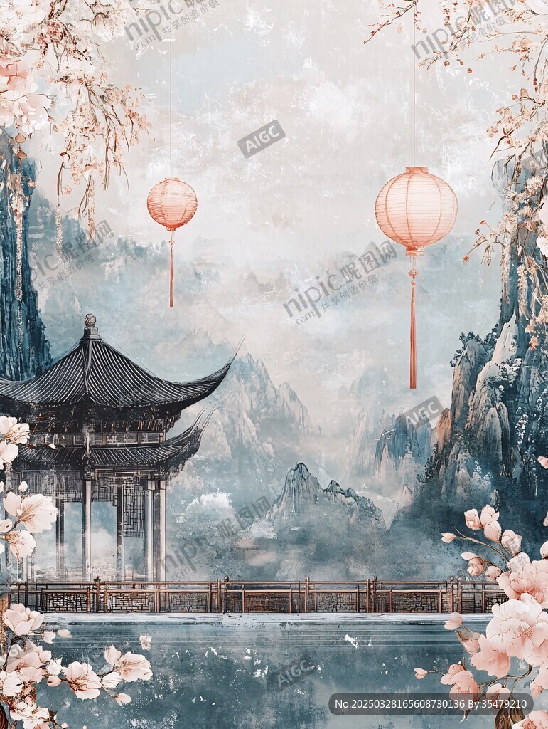 古风山水亭阁灯笼春景图