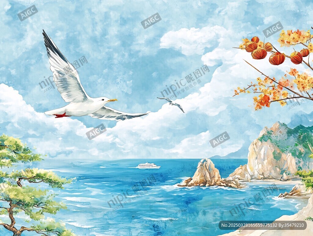 海边飞鸟美景如画