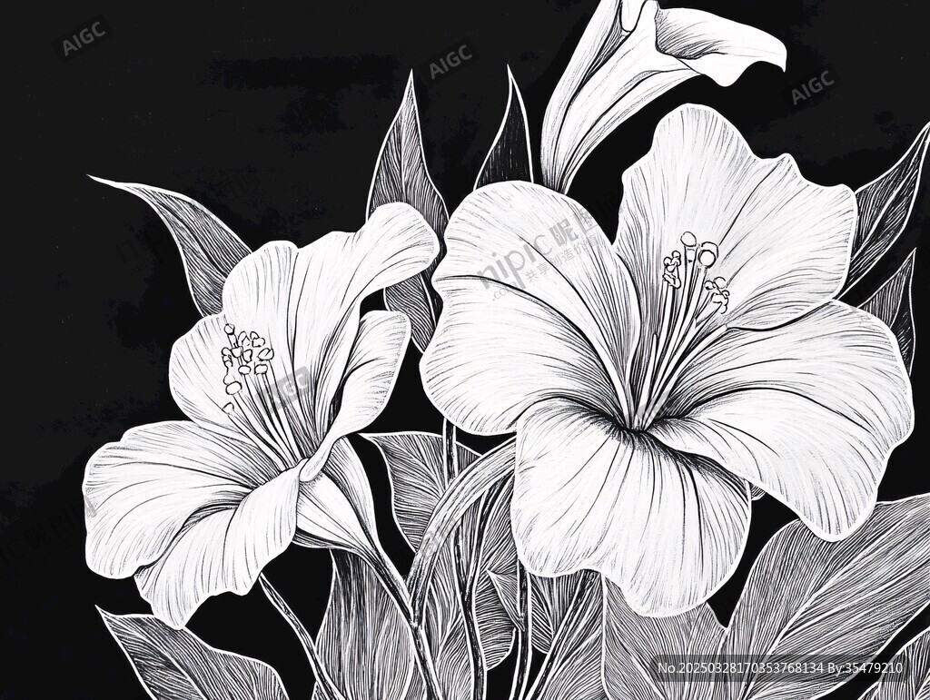 黑白花卉线条画