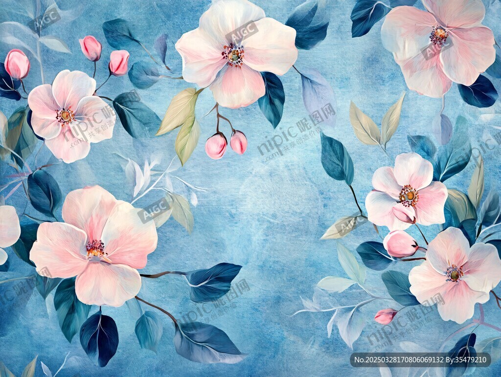 淡蓝背景粉色花卉图案