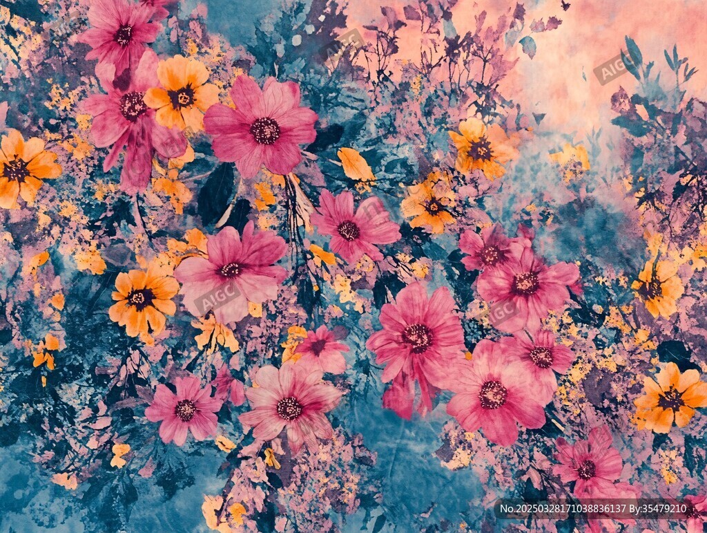 梦幻水彩花卉绚丽图景