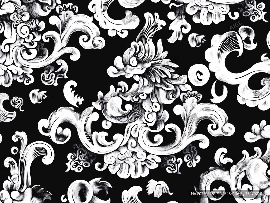 中式黑白龙纹古典花纹图案