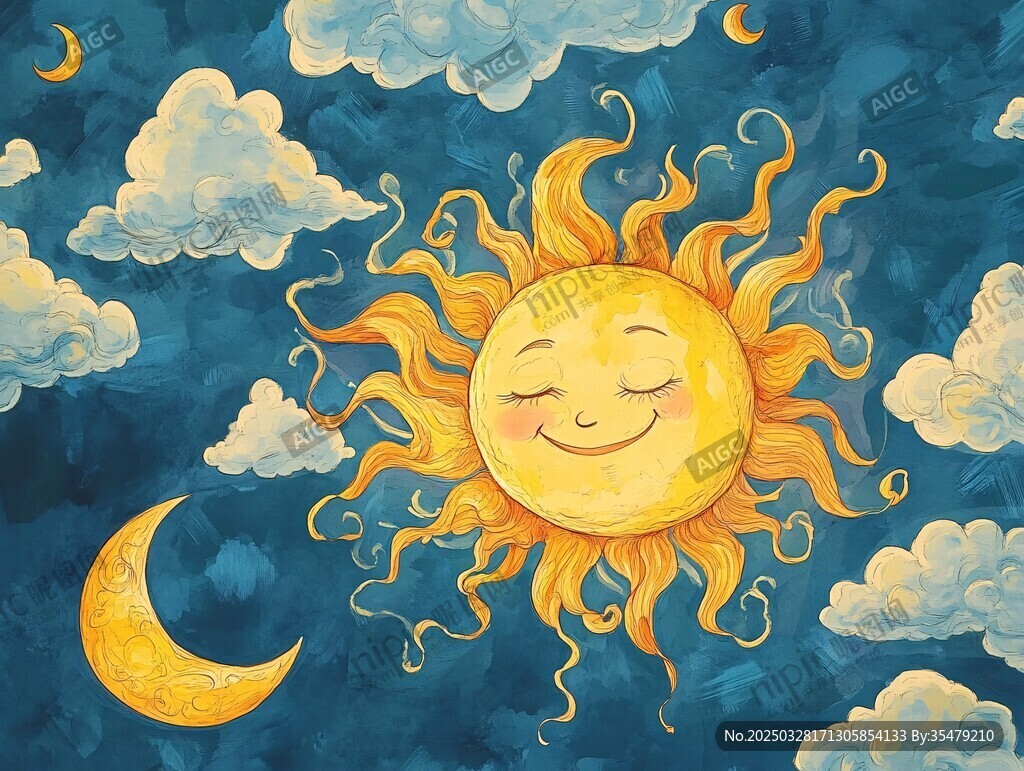 微笑太阳与月牙梦幻天空