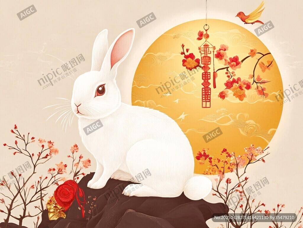 玉兔迎月贺新春
