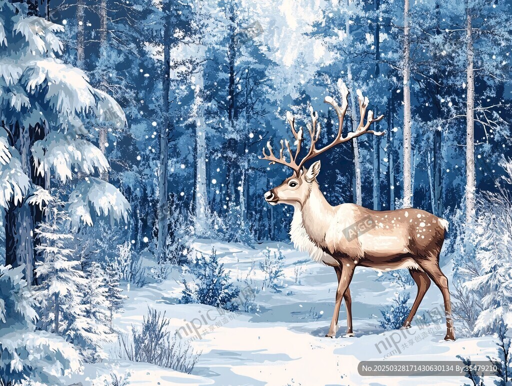 雪林雄鹿的梦幻冬日景象
