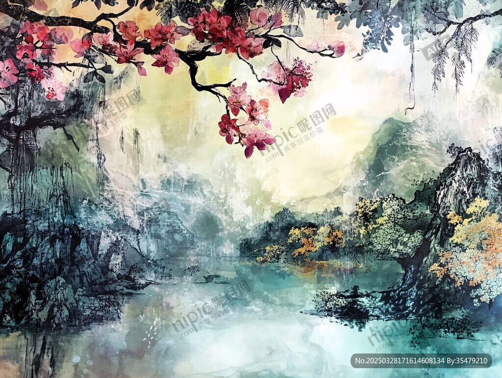 水墨山水间的烂漫花枝