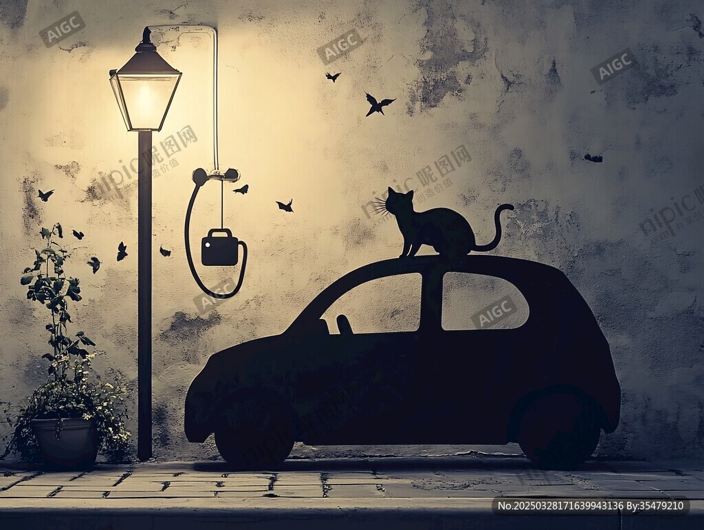 路灯下的猫与车剪影