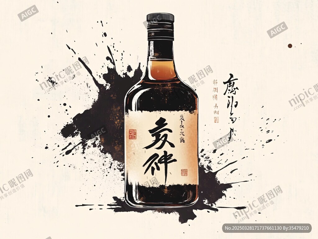 中式水墨风格的麦种酒瓶