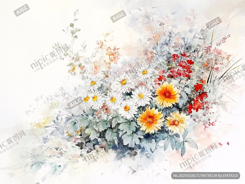 水彩花卉静物画中的缤纷花朵