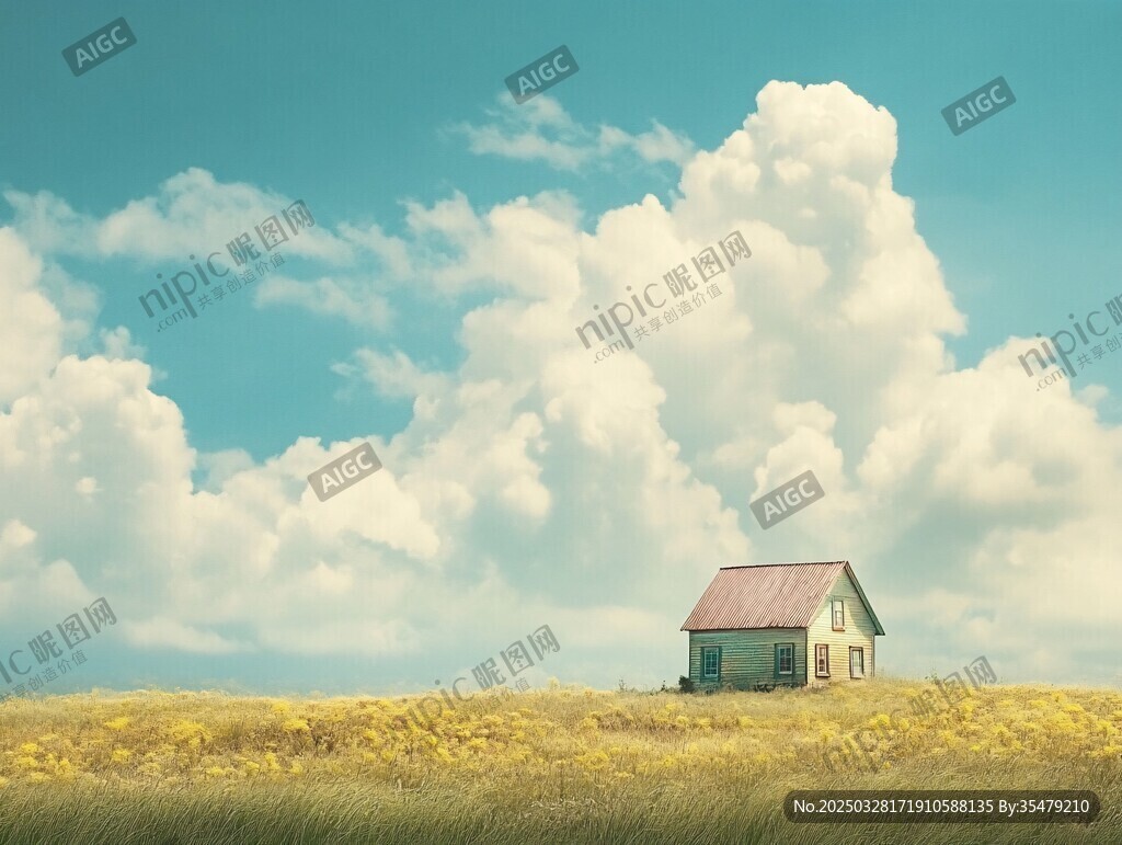 田野孤屋 蓝天白云美景