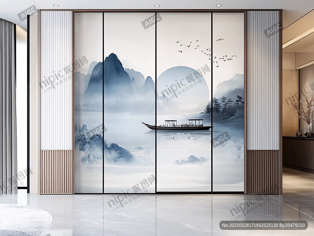 中式山水风衣柜移门设计