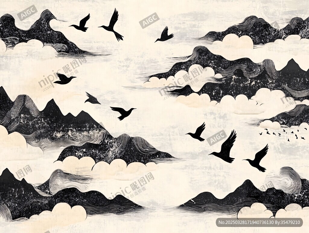 水墨群山间飞鸟翱翔