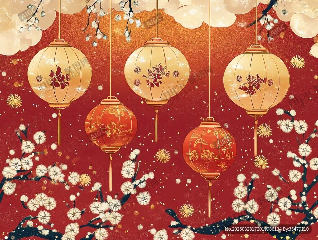 喜庆中式灯笼与梅花图景