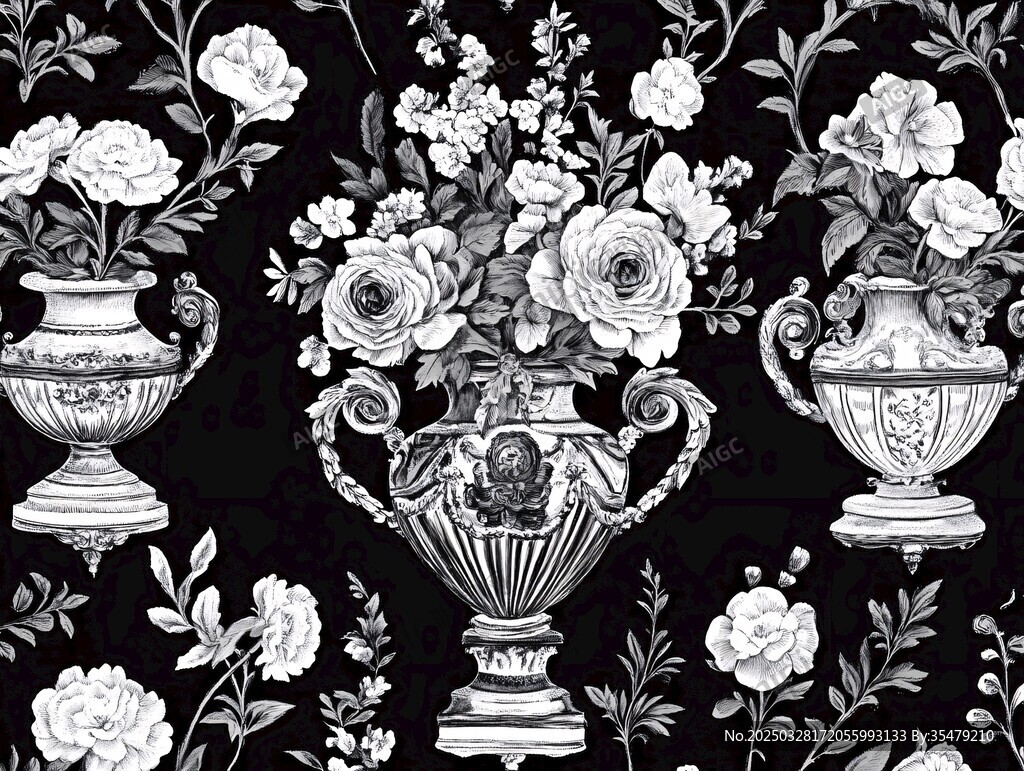 黑白花卉花瓶图案设计