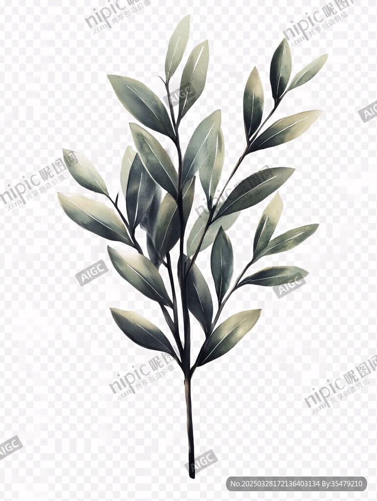 水彩绘绿叶植物插画