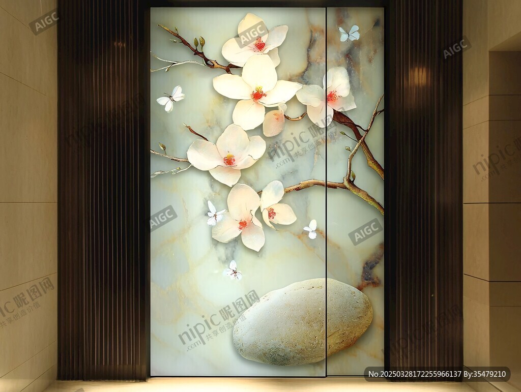 玉兰花艺玻璃门装饰画