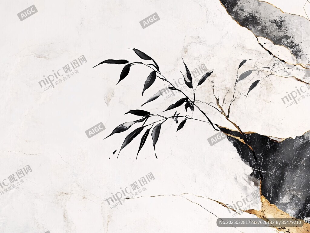 水墨竹枝 大理石背景意境图