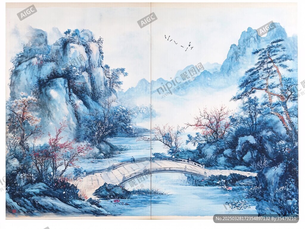 水墨山水间的诗意桥景