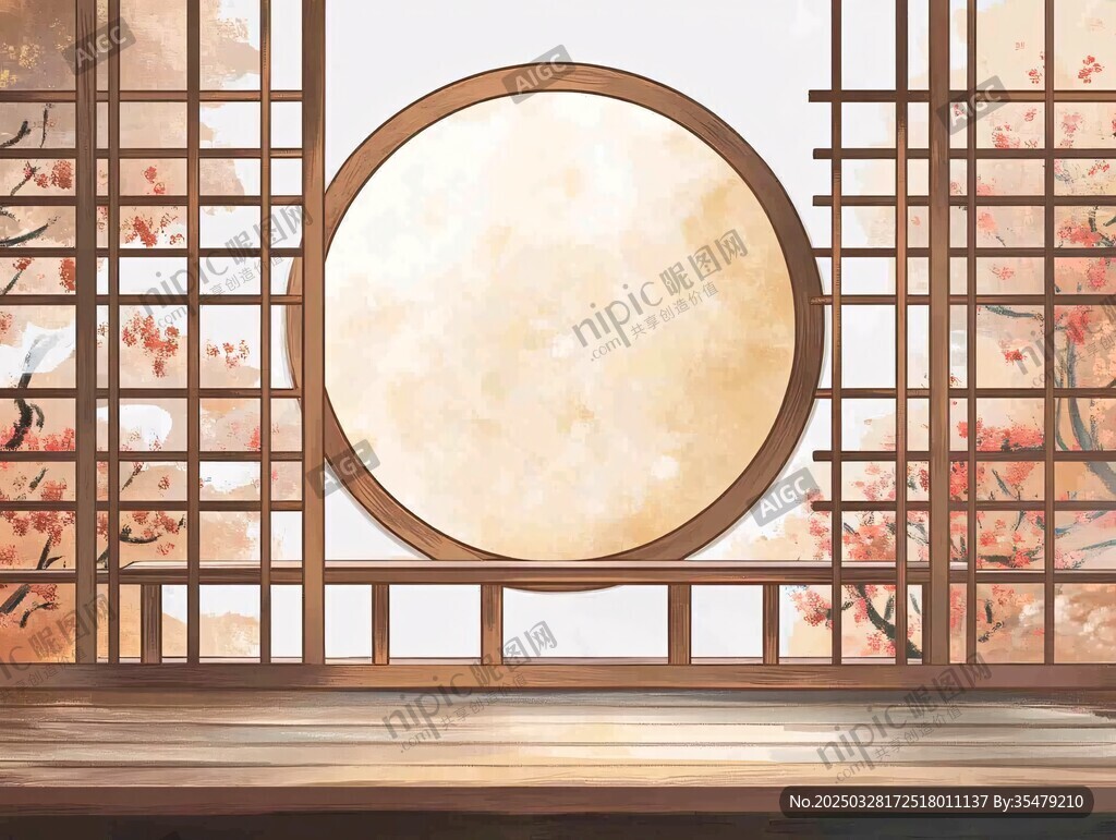 中式圆窗赏景诗意画面