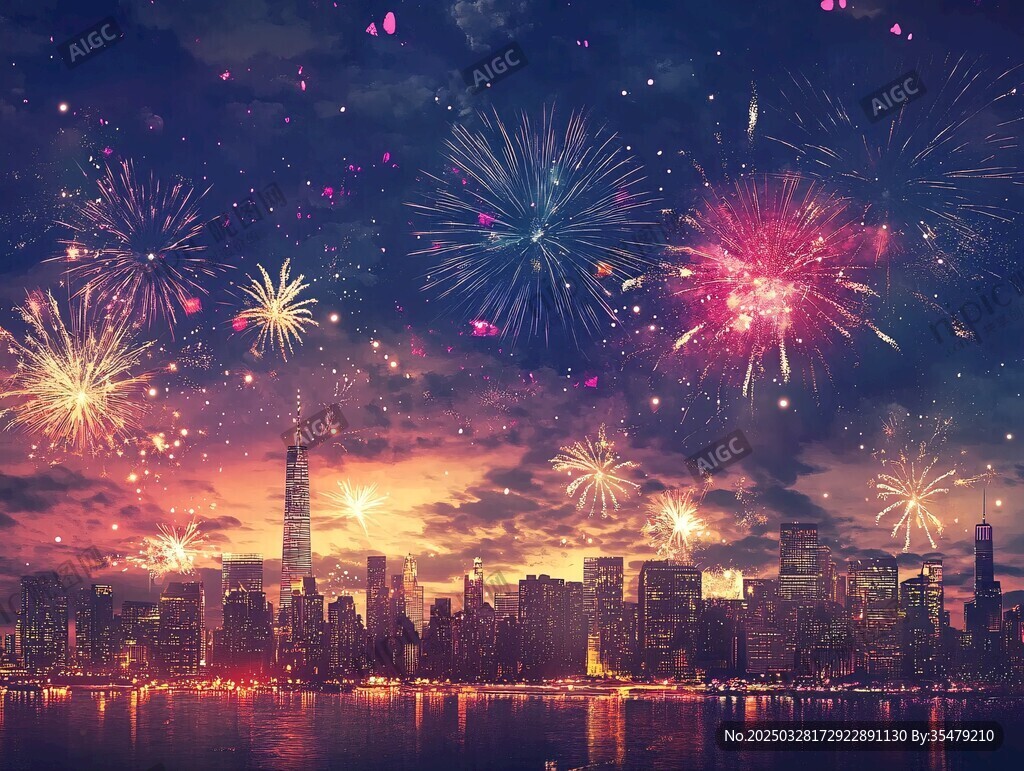 城市夜空绚烂烟花美景