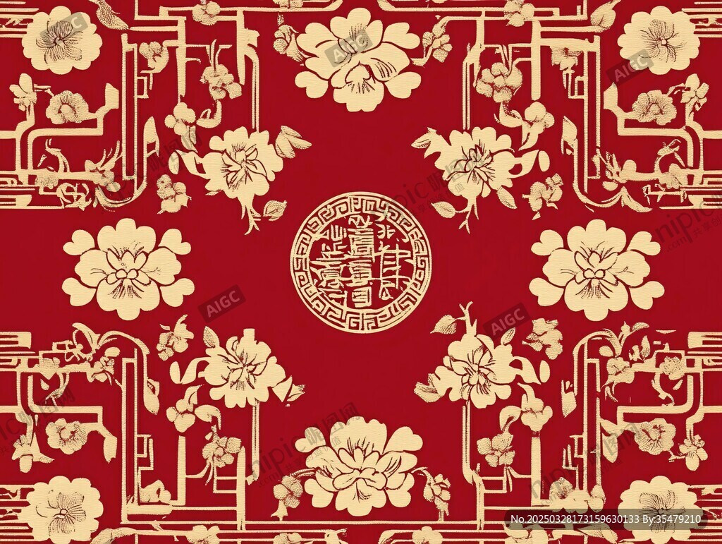 中式红底金色花卉吉祥图案