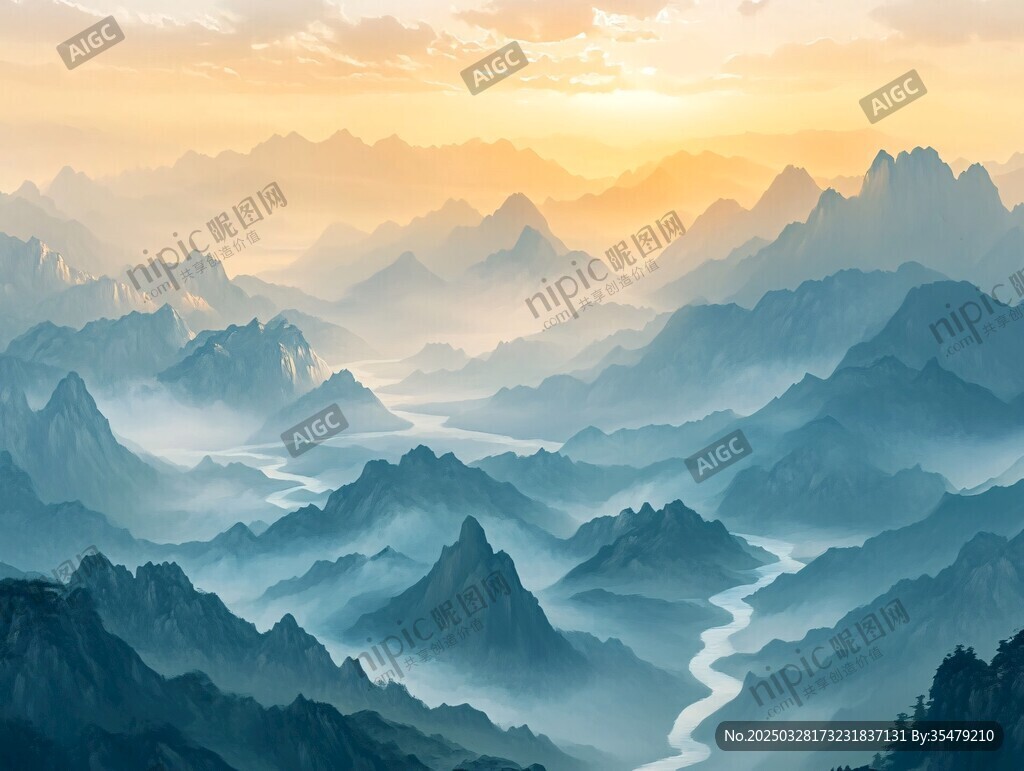 日出下的层峦叠嶂山水景