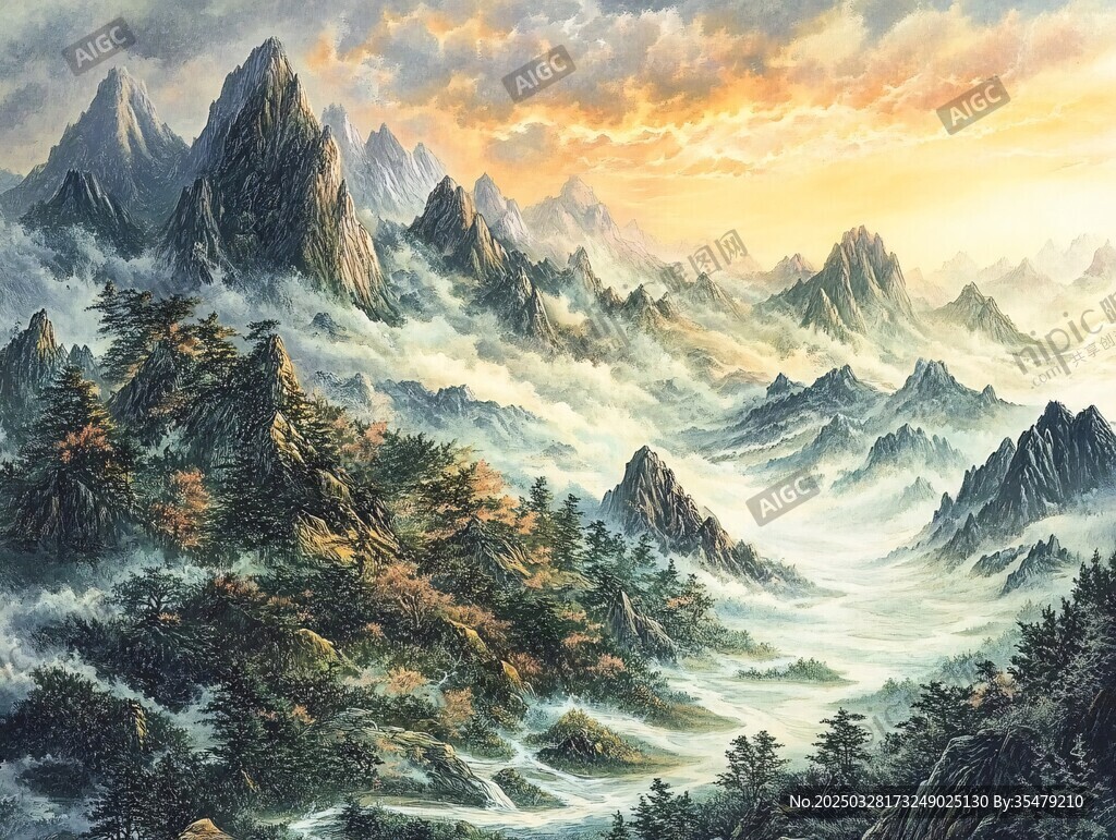 壮丽云海环绕的巍峨山川
