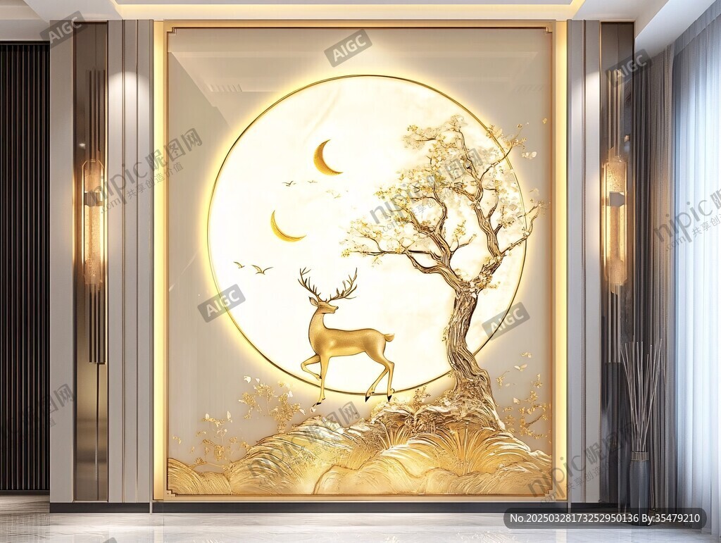 中式玄关金鹿月树艺术壁画