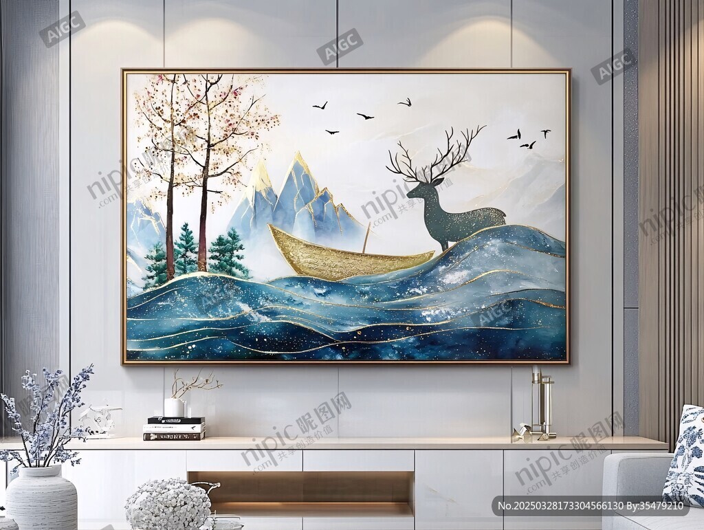 梦幻山水间的诗意鹿舟画