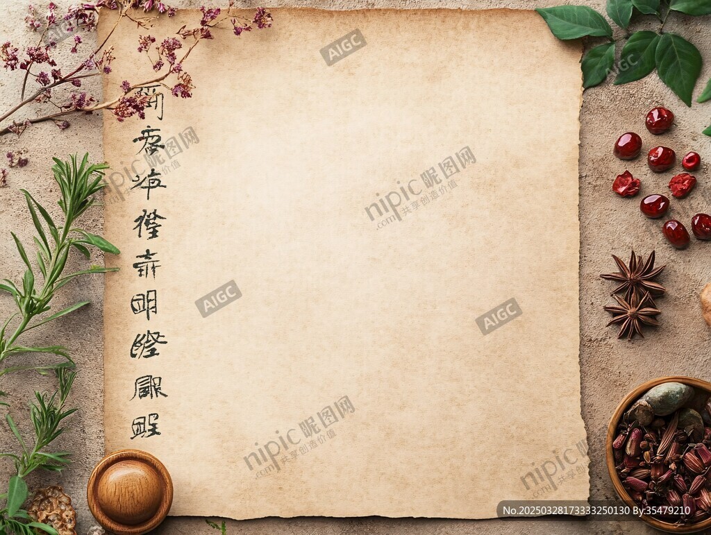 古风草药纸张静物图