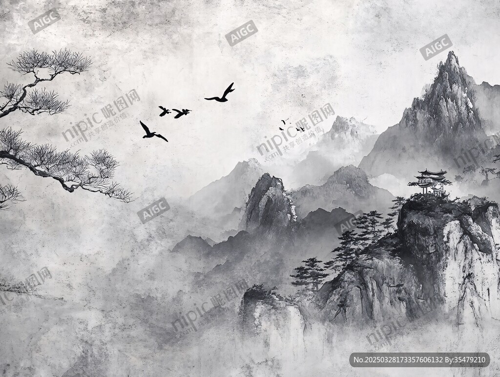 水墨山水间飞鸟伴松景