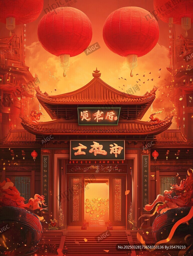 古风神庙前的喜庆灯笼场景