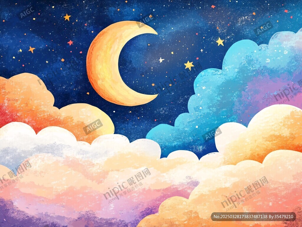 梦幻夜空下的云朵与新月