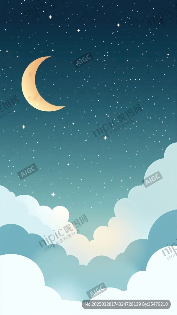 梦幻夜空下的新月与云朵