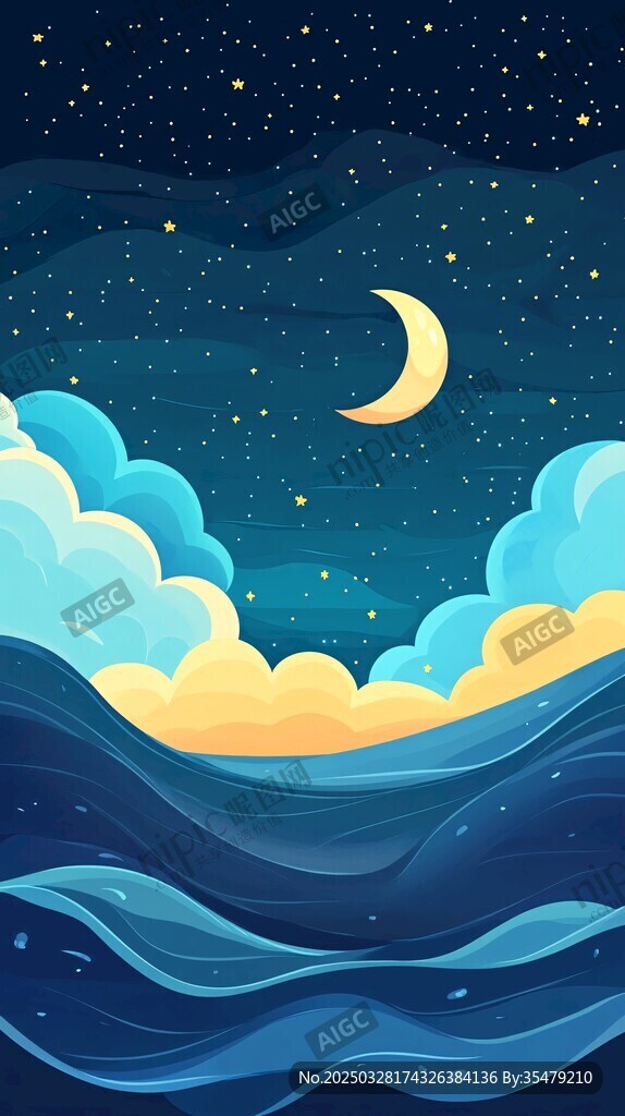 月夜下的海浪与云朵