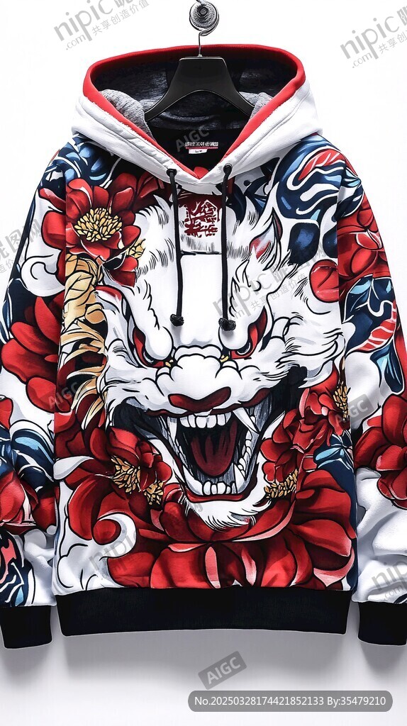 日式白虎花卉连帽卫衣