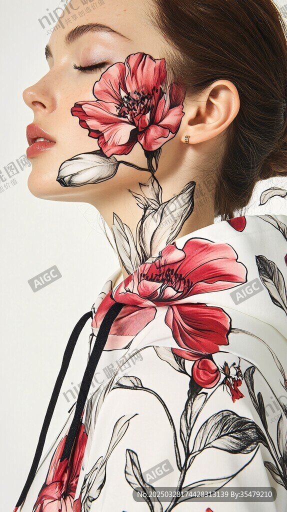 花卉服饰装点的优雅侧脸
