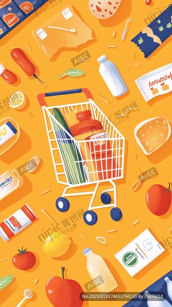 超市购物车与各类食品元素