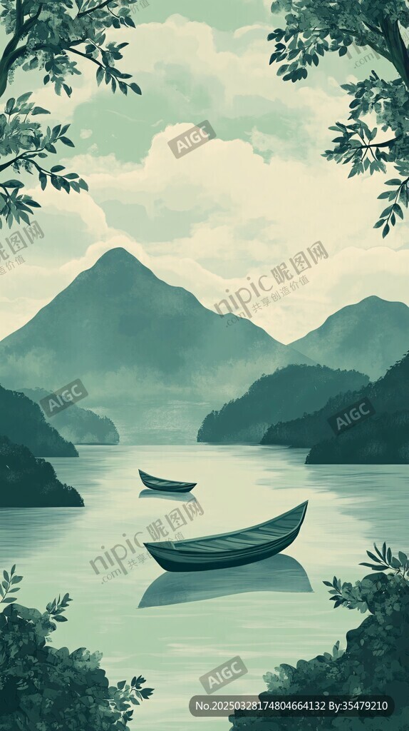 青山绿水间的静谧小船