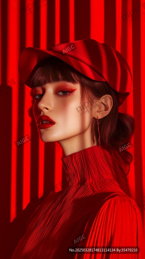 红色系时尚造型优雅女子
