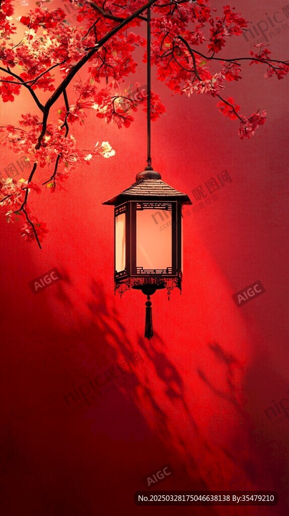 红灯笼映红墙花枝相伴