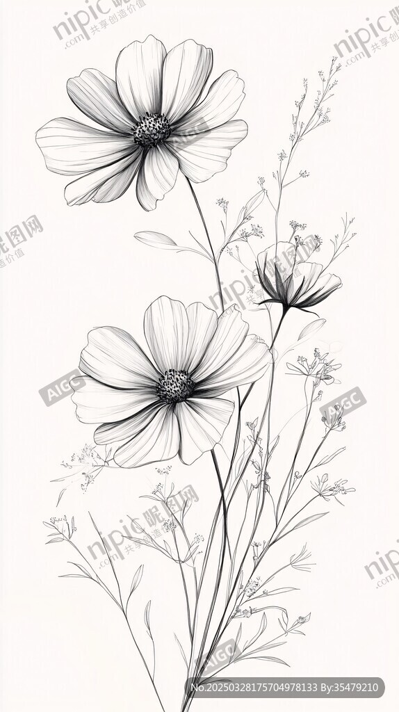 黑白手绘波斯菊花卉图