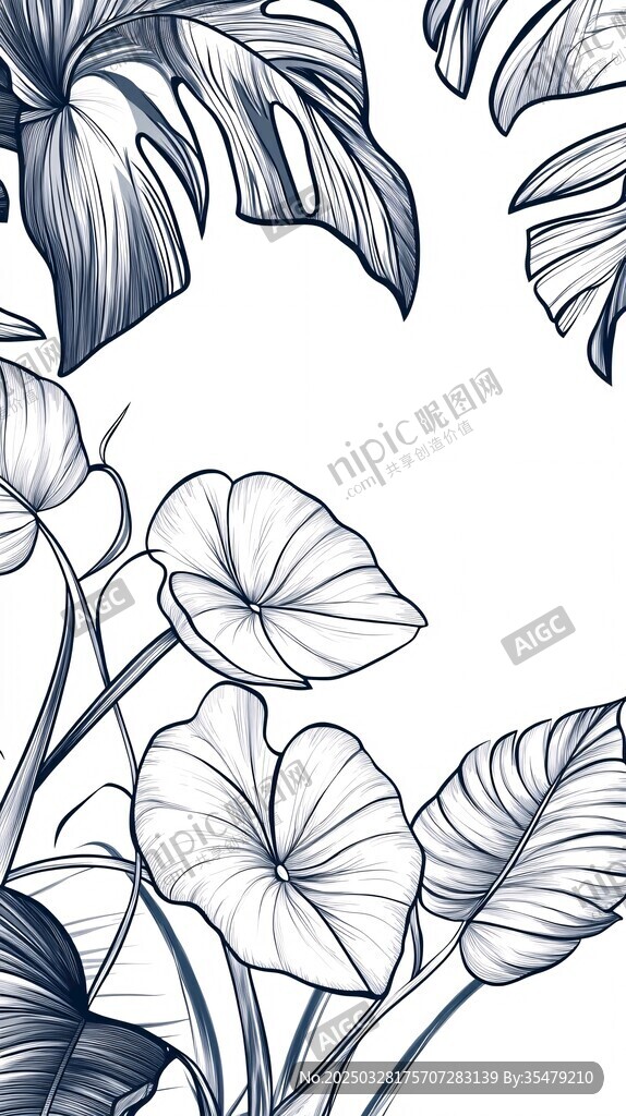 蓝白手绘热带植物花卉图